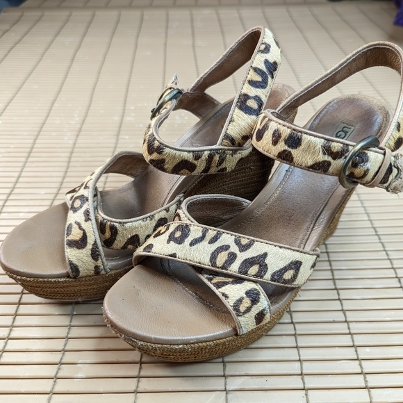 Ugg Jazmine Calf Hair Leopard Tooled Jute Platform sandals women sz 8. 317pmTh - Picture 1 of 10